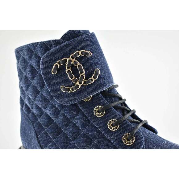 Chanel 21A Blue Black Quilted CC Chain Combat Lace Up Tie Ankle Short Boots 37 - Picture 4 of 12